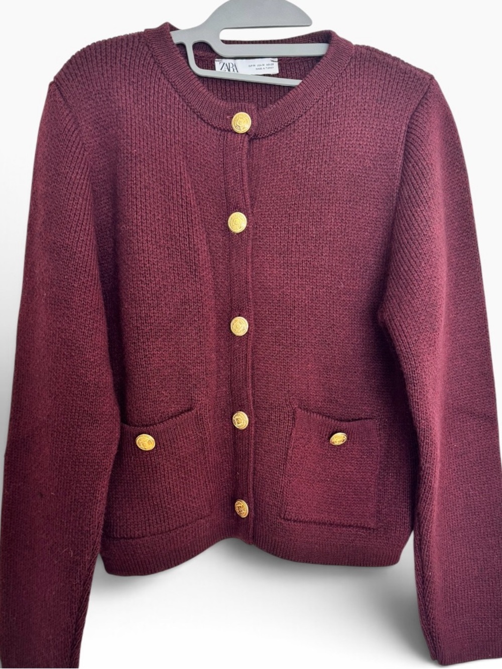 Zara Burgundy Knit Blazer with Gold Buttons